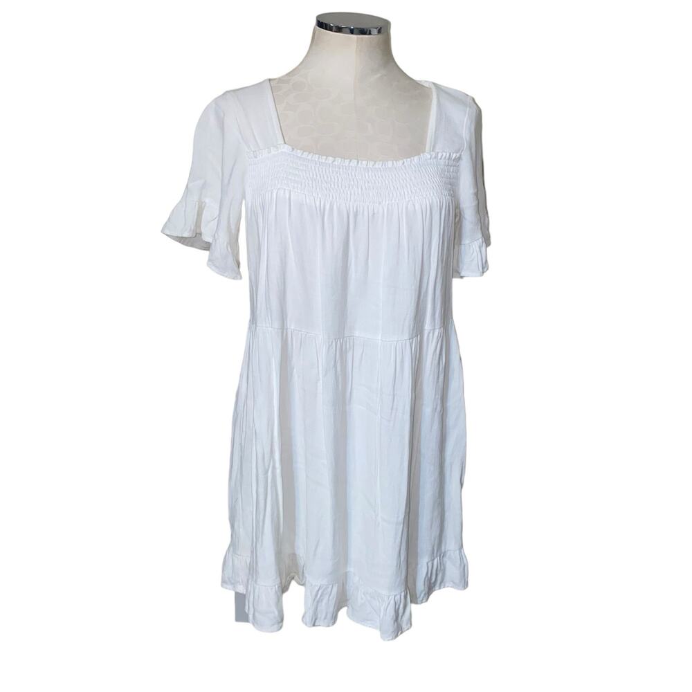 Princess Polly White Linen Blend Square Neck Babydoll Mini Dress Size 8